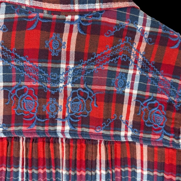 Free People Magical Plaid Red/Blue Embroidered Plaid Shirt Sz M - Picture 3 of 7